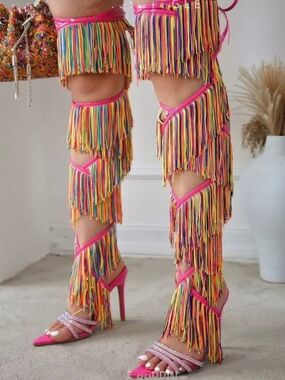 Cape Robbin Rainbow Fringe Thigh-High Heels with Hot Pink Trim